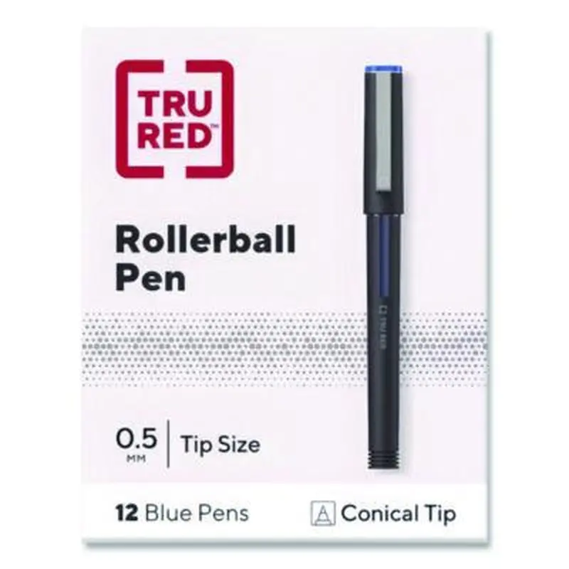 Rollerball Pen, Stick, Fine 0.5 mm, Blue Ink, Black/Blue/Clear Barrel, Dozen - Pens | TRU RED