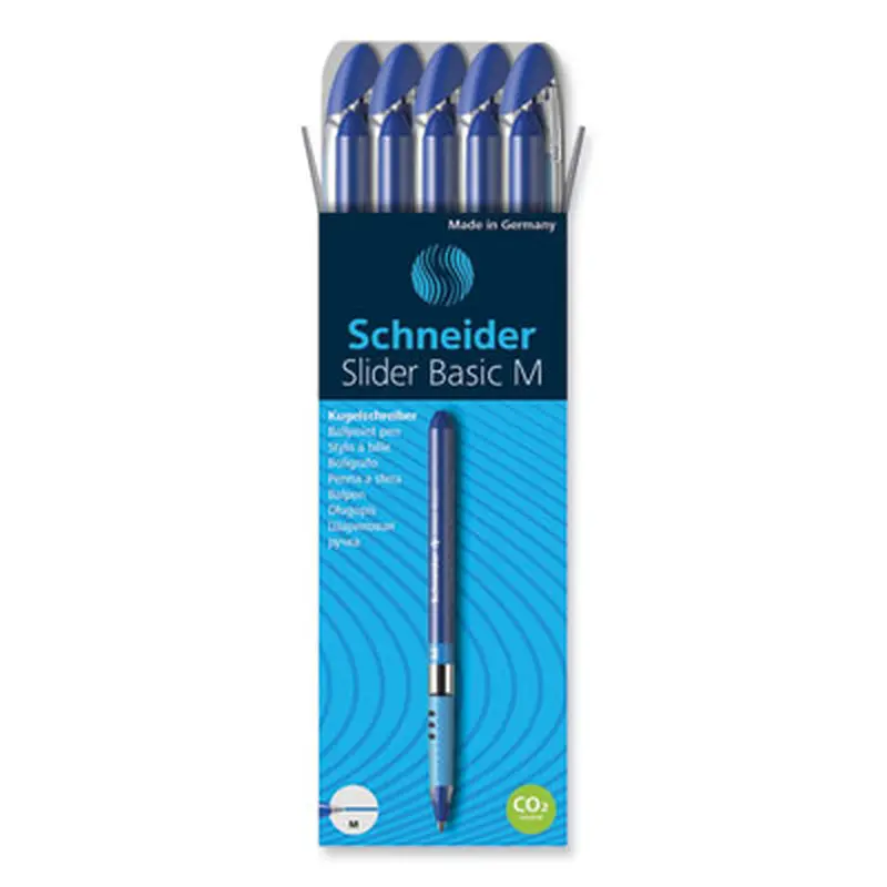 Slider Basic Ballpoint Pen, Stick, Medium 0.8 mm, Blue Ink, Blue Barrel, 10/Box - Pens | Schneider