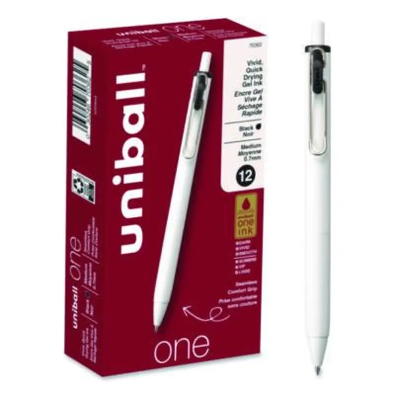 uniONE Gel Pen, Retractable, Medium 0.7 mm, Black Ink, White/Black Barrel, Dozen - Pens | uniball