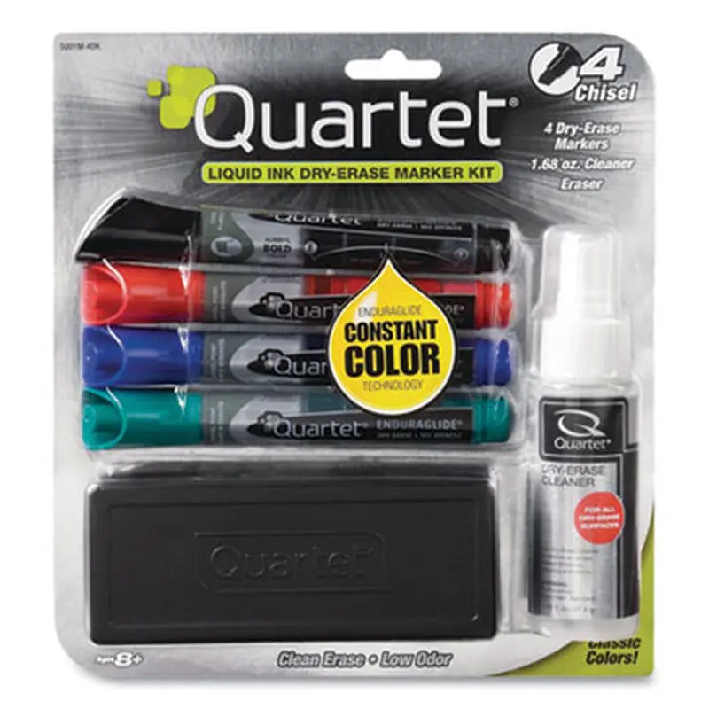 EnduraGlide Dry Erase Marker Kit with Cleaner and Eraser, Broad Chisel Tip, Assorted Colors, 4/Pack - Board Markers | Quartet