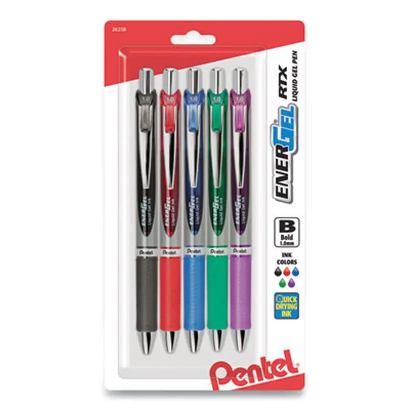 EnerGel RTX Gel Pen, Retractable, Bold 1 mm, Assorted Ink and Barrel Colors, 5/Pack - Pens | Pentel