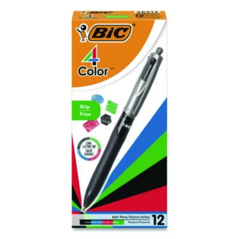 4-Color Pro Grip Multi-Color Ballpoint Pen, Retractable, Medium 1 mm, Black/Blue/Green/Red Ink, Black/Gray Barrel, Dozen - Pens | BIC