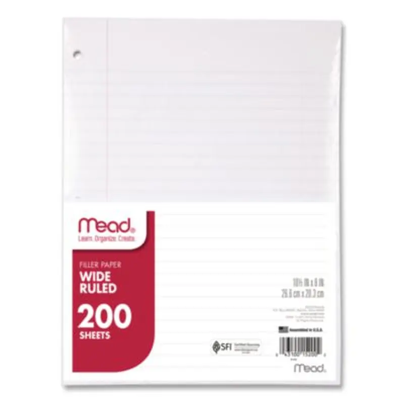 Filler Paper, 3-Hole, 8 x 10.5, Wide/Legal Rule, 200/Pack - Filler Paper | Mead