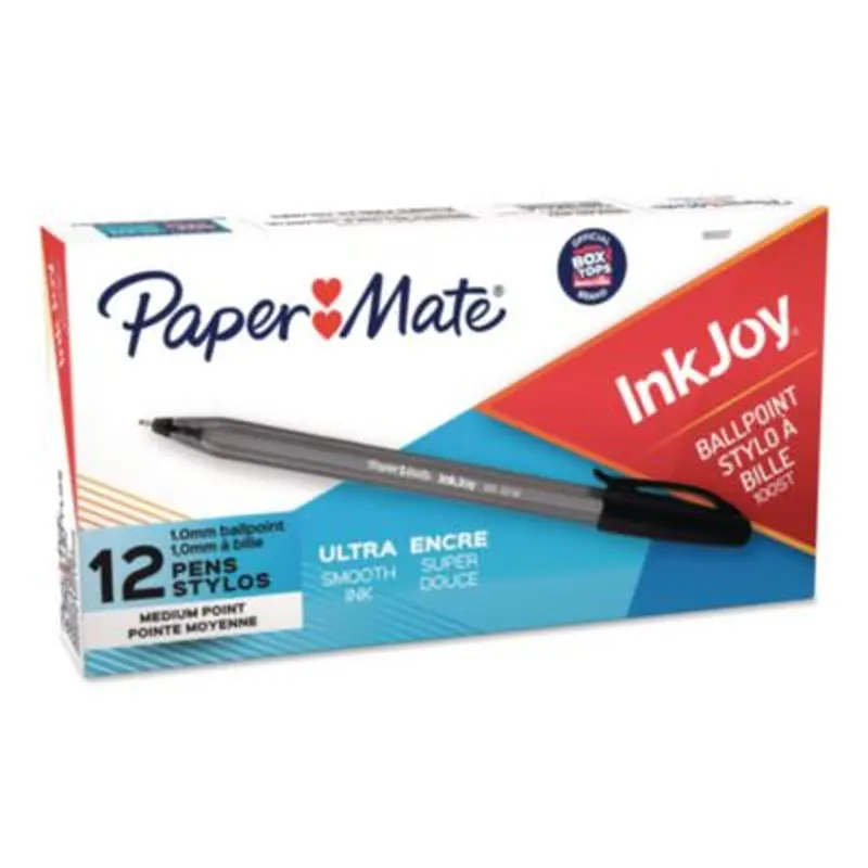 InkJoy 100 Ballpoint Pen, Stick, Medium 1 mm, Black Ink, Smoke/Black Barrel, Dozen - Pens | Paper Mate