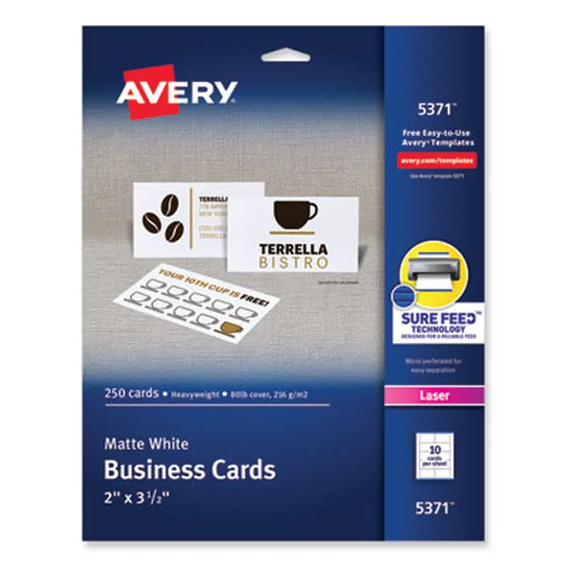 Printable Microperforated Business Cards with Sure Feed Technology, Laser, 2 x 3.5, White, 10/Sheet, 25 Sheets/Pack - Business Cards | Avery