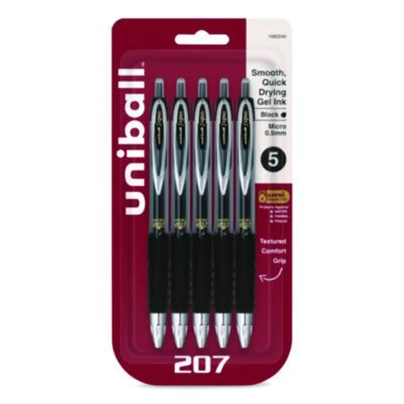 Signo 207 Gel Pen, Retractable, Fine 0.5 mm, Black Ink, Smoke/Black Barrel, 5/Pack - Pens | uniball