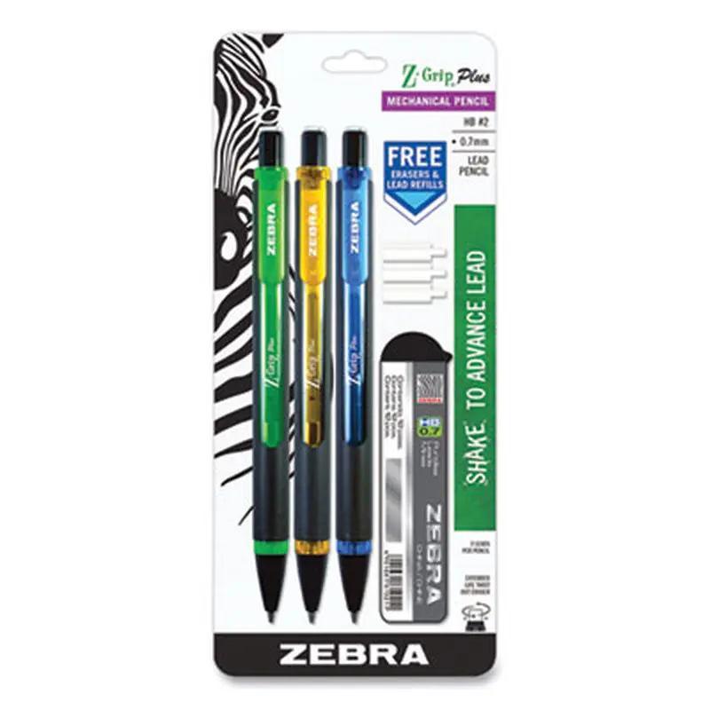 Z-Grip Plus Mechanical Pencil, 0.7 mm, HB (#2), Black Lead, Assorted Barrel Colors, 3/Pack - Pencils | Zebra