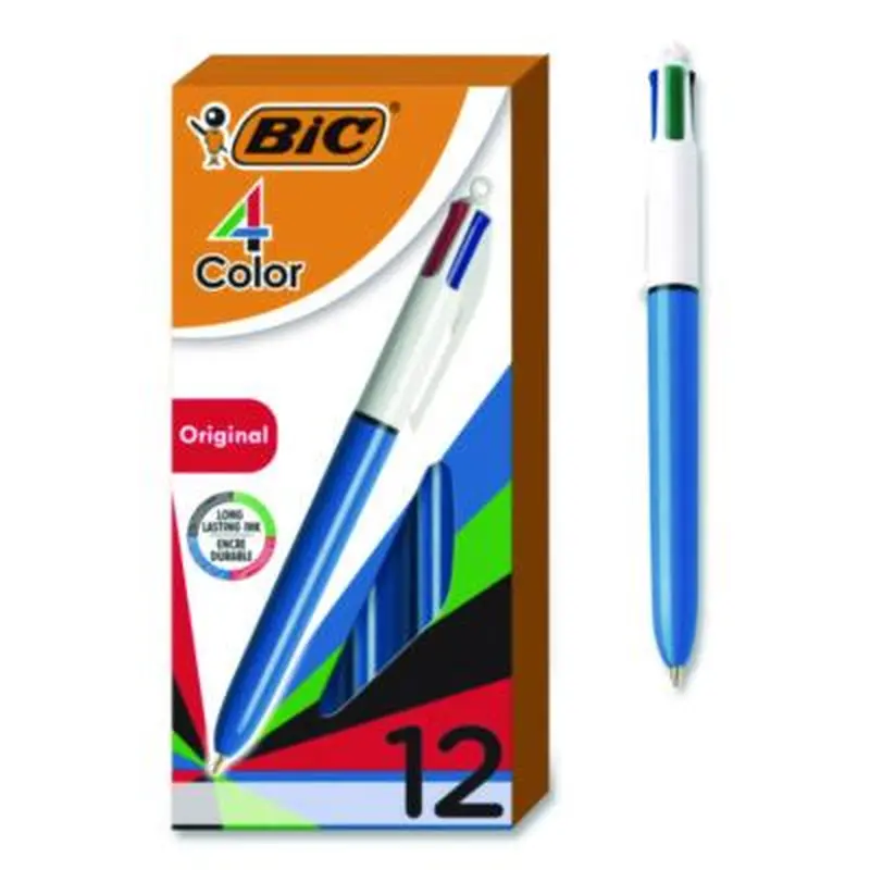 4-Color Multi-Color Ballpoint Pen, Retractable, Medium 1 mm, Black/Blue/Green/Red Ink, Blue/White Barrel, 12/Box - Pens | BIC