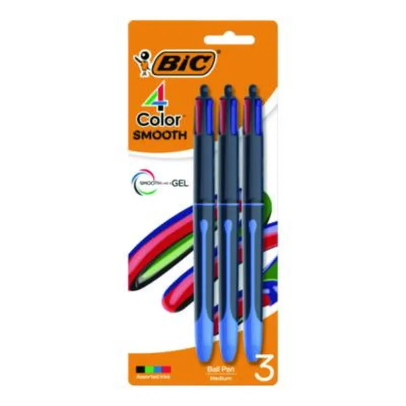 4-Color Smooth Multi-Color Ballpoint Pen, Retractable, Medium 1 mm, Black/Blue/Green/Red Ink, Black/Blue Barrel, 3/Pack - Pens | BIC