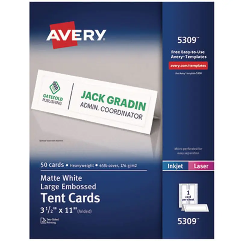 Large Embossed Tent Card, White, 11, x 3.5, 1 Card/Sheet, 50 Sheets/Box - Tent Cards | Avery