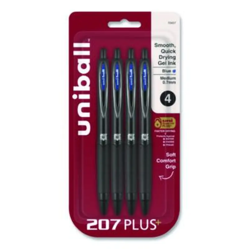207 Plus  Gel Pen, Retractable, Medium 0.7 mm, Blue Ink, Black Barrel, 4/Pack - Pens | uniball