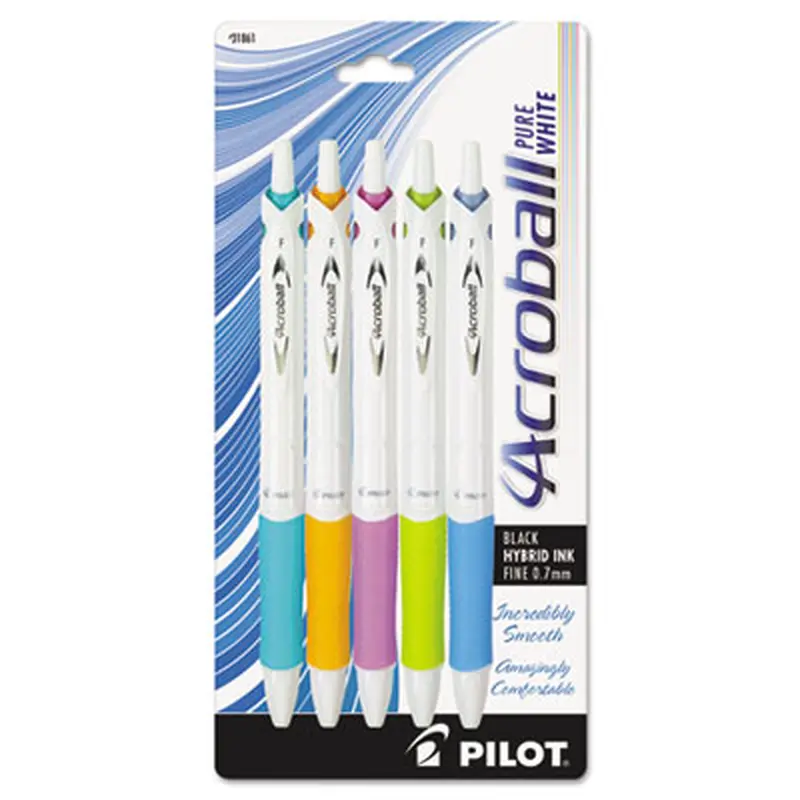 Acroball PureWhite Advanced Ink Hybrid Gel Pen, Retractable, Fine 0.7 mm, Black Ink, Assorted Barrel Colors, 5/Pack - Pens | Pilot