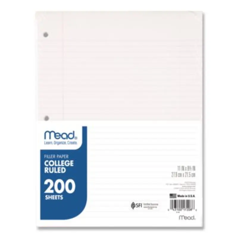 Filler Paper, 3-Hole, 8.5 x 11, College Rule, 200/Pack - Filler Paper | Mead