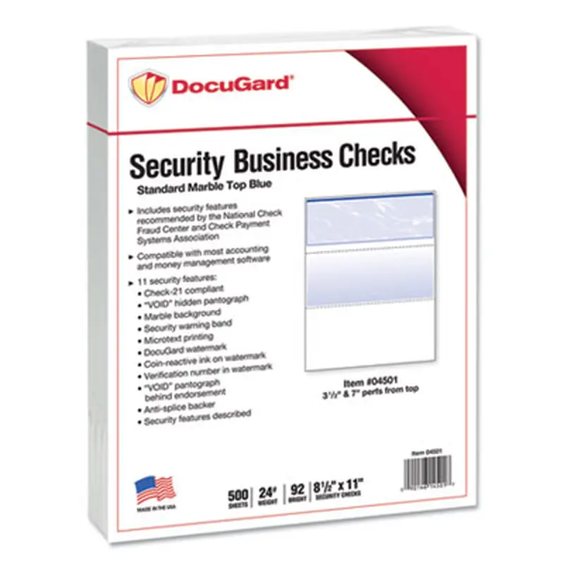 Security Business Checks, 11 Features, 8.5 x 11, Blue Marble Top, 500/Ream - Office Paper | DocuGard