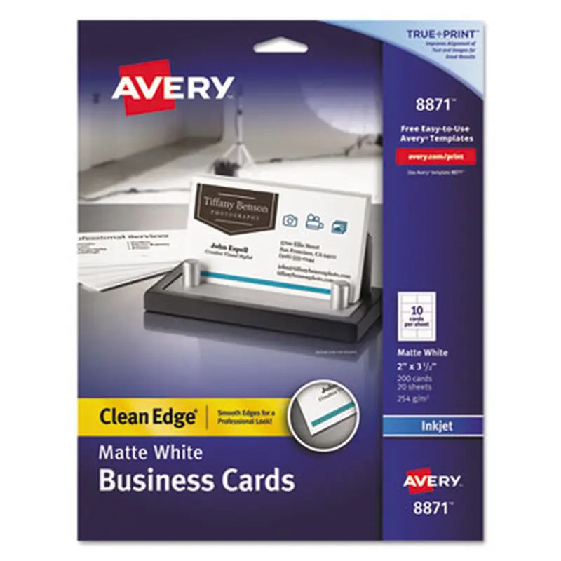 True Print Premium Clean Edge Business Cards, Inkjet, 2 x 3.5, White, 10 Cards/Sheet, 20 Sheets/Pack - Business Cards | Avery