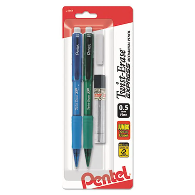 Twist-Erase EXPRESS Mechanical Pencils with Tube of Leads/Eraser, 0.5 mm, HB (#2), Black Lead, (2) Assorted Barrel Colors - Pencils | Pentel