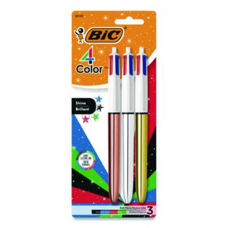 4-Color Shine Multi-Color Ballpoint Pen, Retractable, Medium 1mm, Black/Blue/Green/Red Ink, Assorted Metallic Barrels, 3/Pack - Pens | BIC
