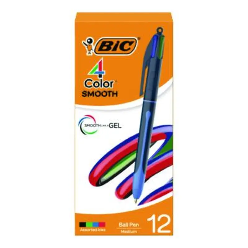 4-Color Smooth Multi-Color Ballpoint Pen, Retractable, Medium 1 mm, Black/Blue/Green/Red Ink, Black/Blue Barrel, 12/Pack - Pens | BIC