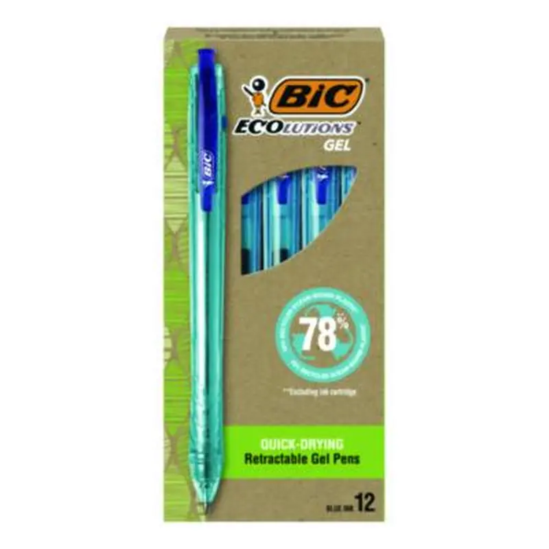 Ecolutions Gel Pen, Retractable, Medium 1 mm, Blue Ink, Blue Barrel, 12/Pack - Pens | BIC