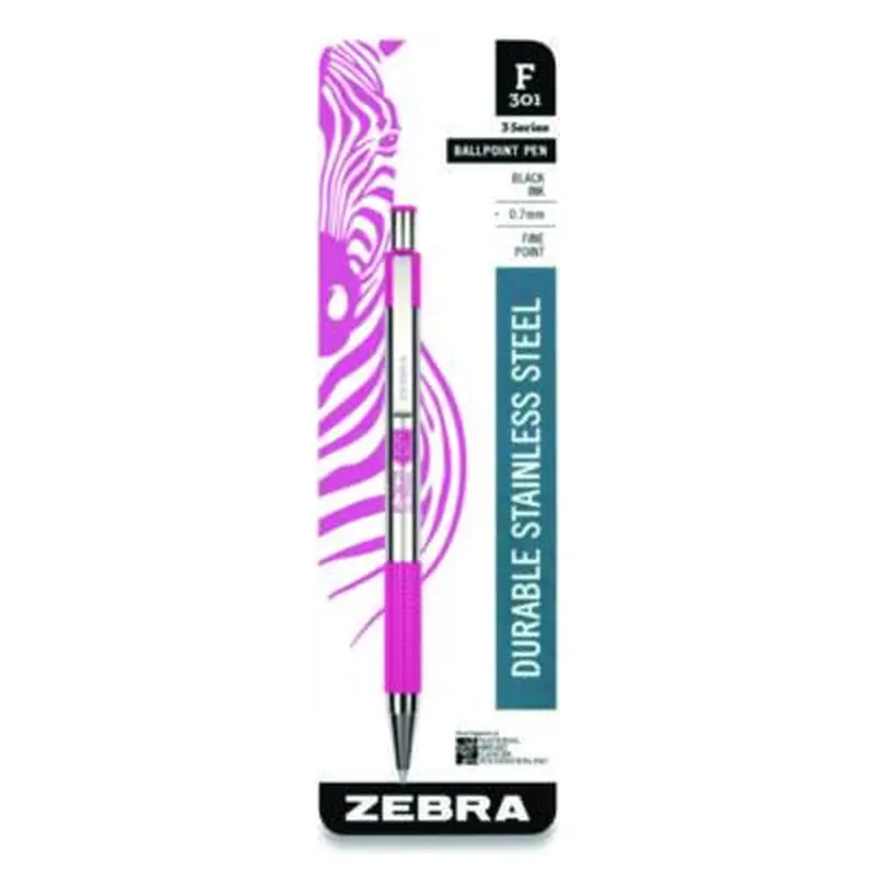 F-301 Breast Cancer Awareness Ballpoint Pen, Retractable, Fine 0.7 mm, Black Ink, Stainless Steel/Pink Barrel - Pens | Zebra
