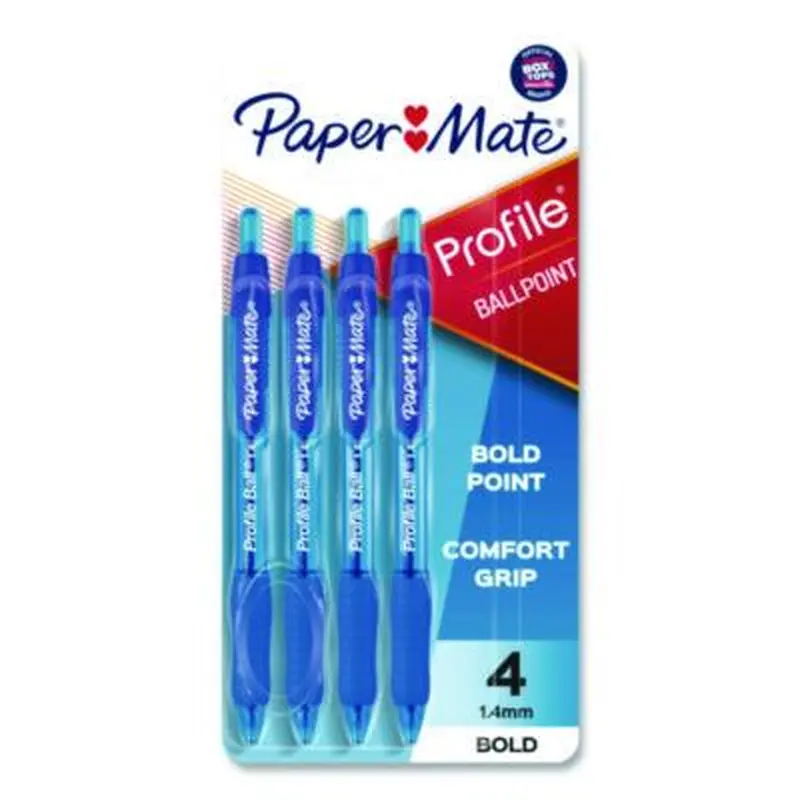 Profile Ballpoint Pen, Retractable, Bold 1.4 mm, Blue Ink, Translucent Blue Barrel, 4/Pack - Pens | Paper Mate