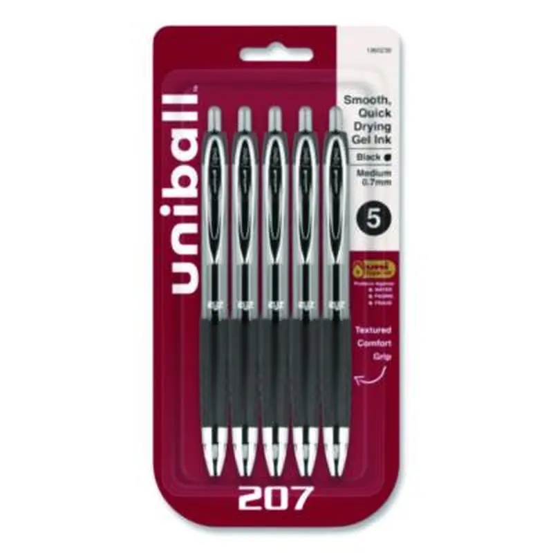 Signo 207 Gel Pen, Retractable, Medium 0.7 mm, Black Ink, Clear/Black Barrel, 5/Pack - Pens | uniball