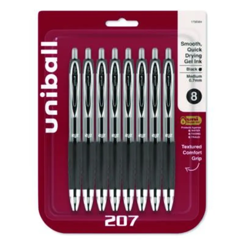Signo 207 Gel Pen, Retractable, Medium 0.7 mm, Black Ink, Clear/Black Barrel, 8/Pack - Pens | uniball