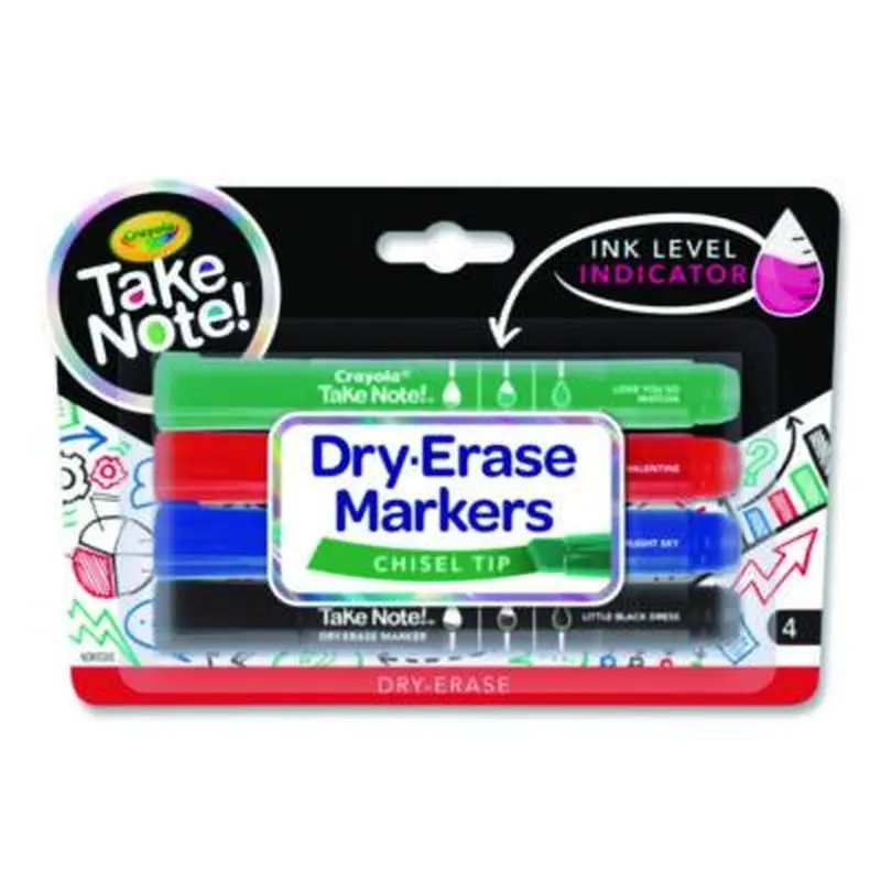 Take Note Dry Erase Markers, Chisel Tip, Assorted Colors, 4/Set - Board Markers | Crayola