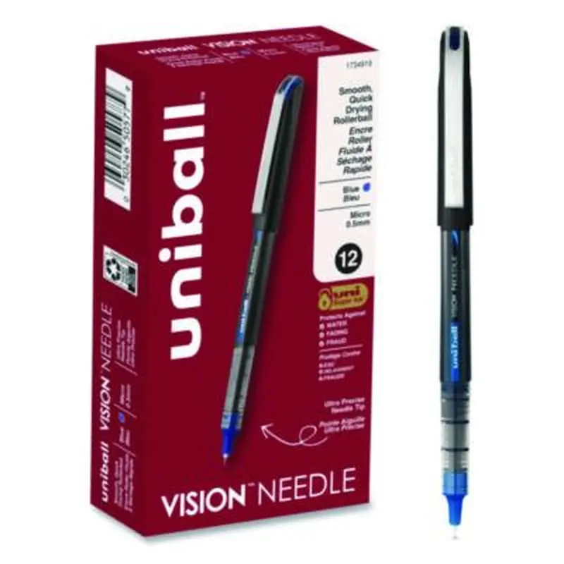 VISION Rollerball Pen, Stick, Extra-Fine 0.5 mm, Blue Ink, Black/Blue/Clear Barrel, 12/Pack - Pens | uniball