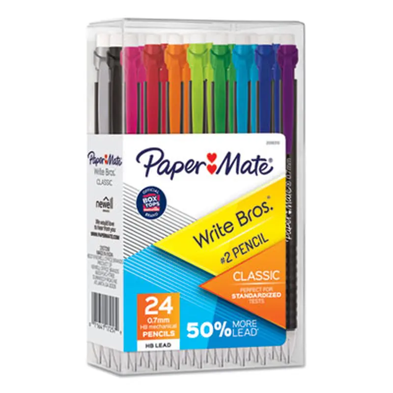 Write Bros Mechanical Pencil, 0.7 mm, HB (#2), Black Lead, Black Barrel with Assorted Clip Colors, 24/Box - Pencils | Paper Mate