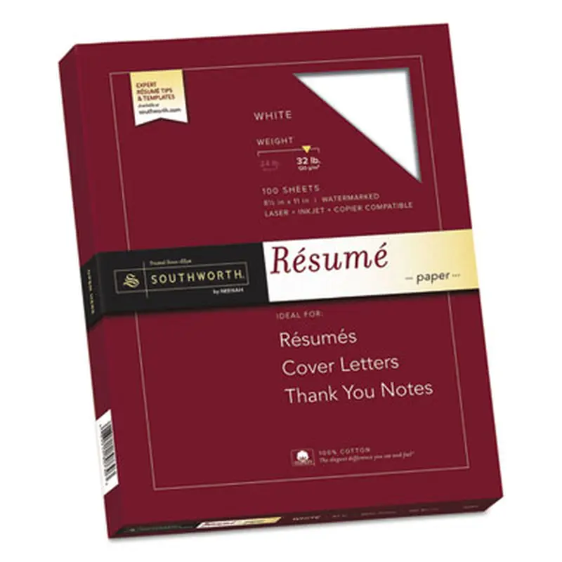 100% Cotton Resume Paper, 95 Bright, 32 lb Bond Weight, 8.5 x 11, White, 100/Pack - Resume/Stationery Paper | Southworth