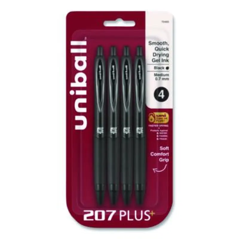 207 Plus  Gel Pen, Retractable, Medium 0.7 mm, Black Ink, Black Barrel, 4/Pack - Pens | uniball