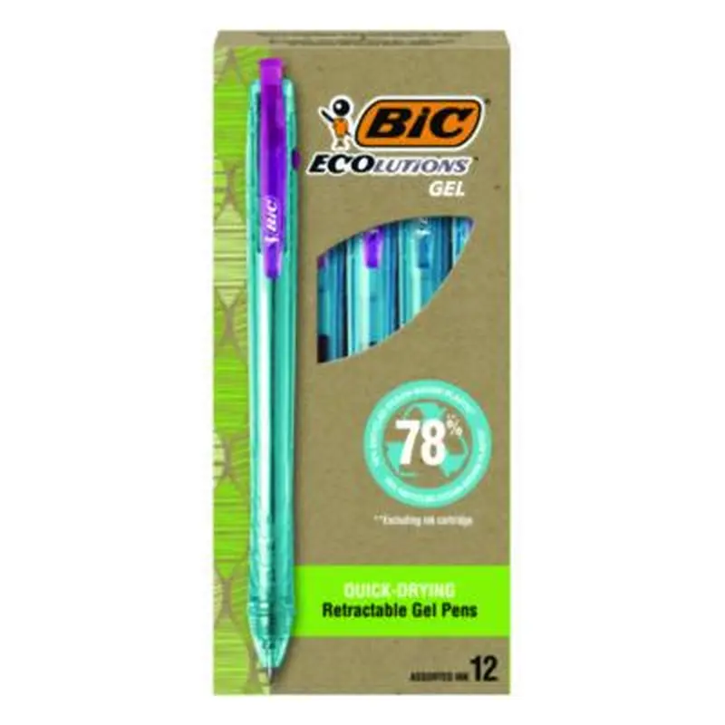 Ecolutions Gel Pen, Retractable, Medium 1 mm, Assorted Ink Colors, Blue Barrel, 12/Pack - Pens | BIC