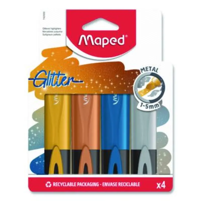 Fluo Peps Metallic Glitter Highlighter, Assorted Ink, Chisel Tip, Assorted Barrel, 4/Pack - Highlighters | Maped Helix