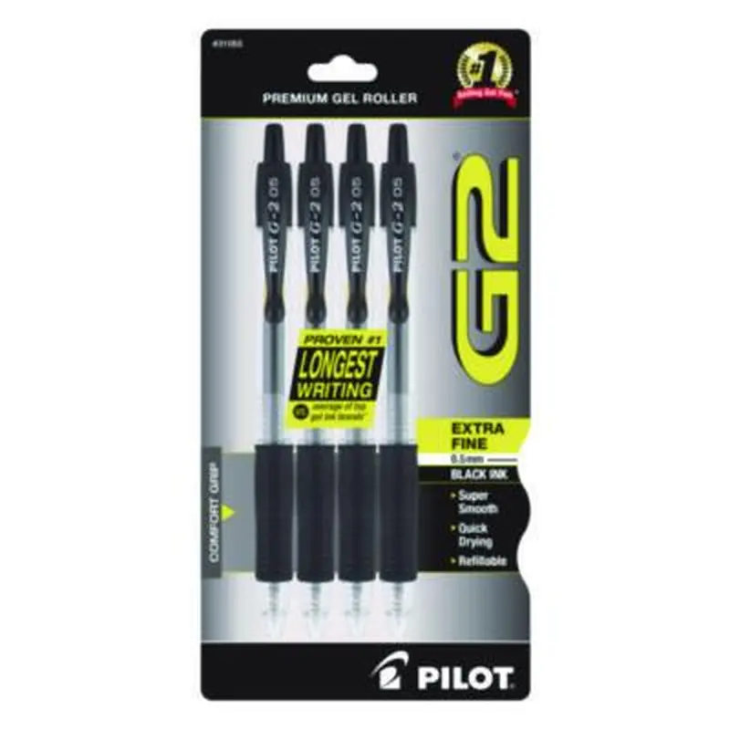 G2 Premium Gel Pen, Retractable, Extra-Fine 0.5 mm, Black Ink, Smoke/Black Barrel, 4/Pack - Pens | Pilot
