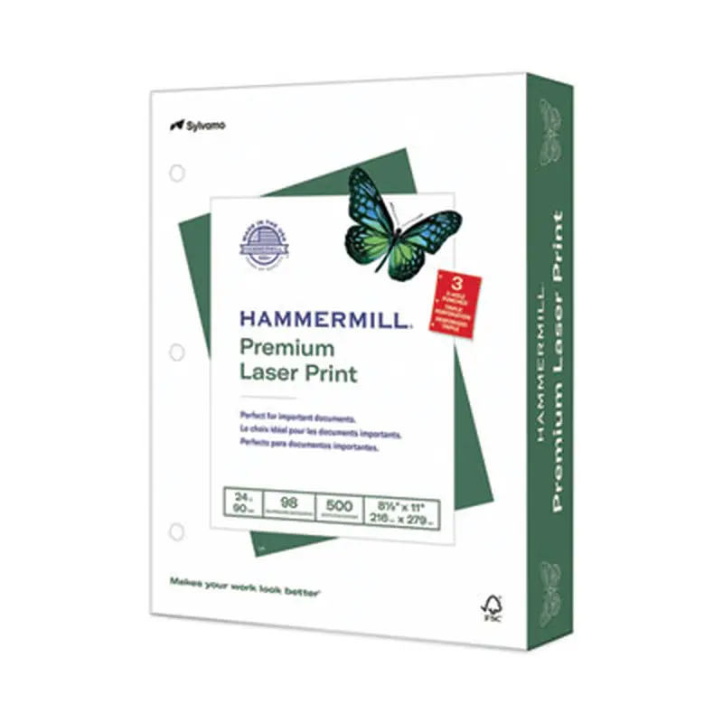 Premium Laser Print Paper, 98 Bright, 3-Hole, 24 lb Bond Weight, 8.5 x 11, White, 500/Ream - Copy Paper | Hammermill
