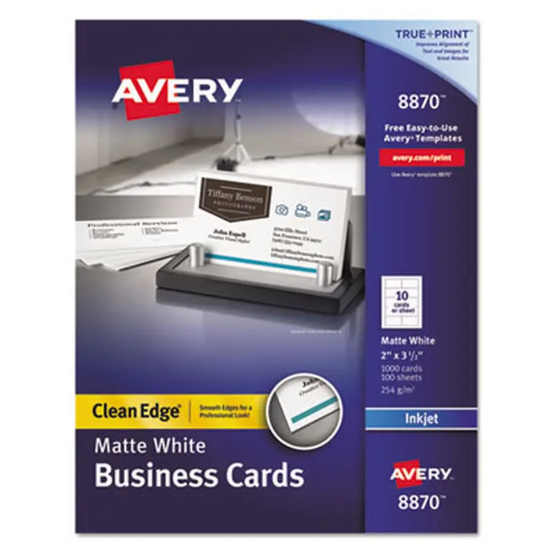 True Print Premium Clean Edge Business Cards, Inkjet, 2 x 3.5, White, 10 Cards/Sheet, 100 Sheets/Box - Business Cards | Avery