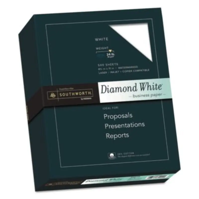 25% Cotton Diamond White Business Paper, 95 Bright, 24 lb Bond Weight, 8.5 x 11, 500/Ream - Resume/Stationery Paper | Southworth