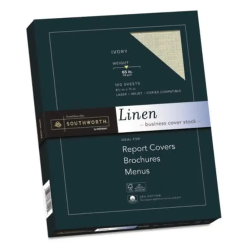 25% Cotton Linen Cover Stock, 65 lb Cover Weight, 8.5 x 11, 100/Pack - Card/Cover Stock | Southworth