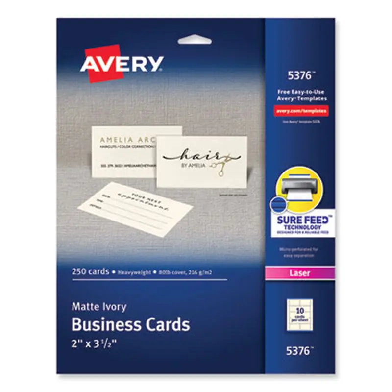 Printable Microperforated Business Cards with Sure Feed Technology, Laser, 2 x 3.5, Ivory, 10/Sheet, 25 Sheets/Pack - Business Cards | Avery