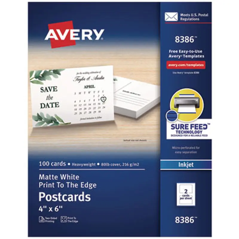 Printable Postcards, Inkjet, 80 lb, 4 x 6, Matte White, 100 Cards, 2 Cards/Sheet, 50 Sheets/Box - Greeting Cards | Avery