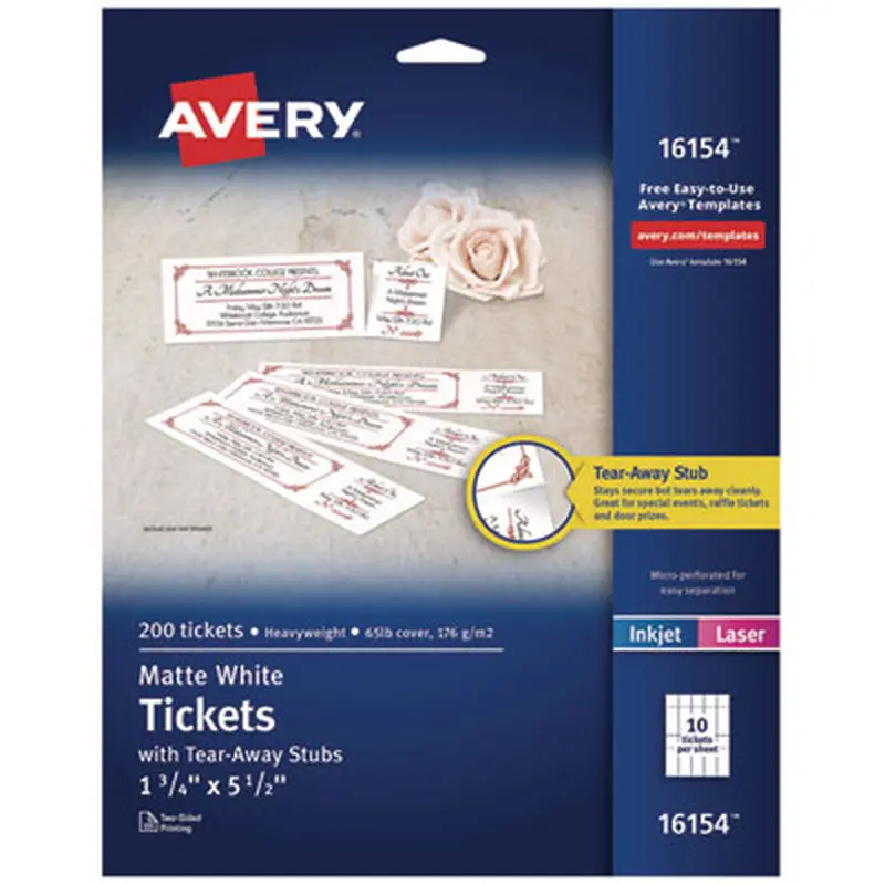 Printable Tickets w/Tear-Away Stubs, 97 Bright, 65 lb Cover Weight, 8.5 x 11, White, 10 Tickets/Sheet, 20 Sheets/Pack - Card/Cover Stock | Avery