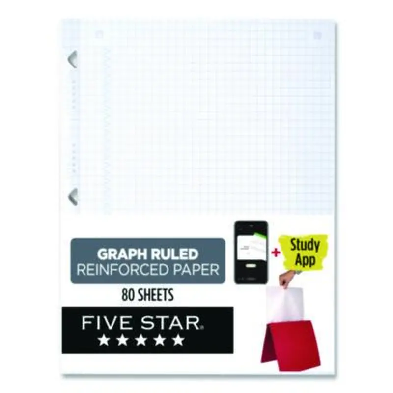 Reinforced Filler Paper Plus Study App, 3-Hole, 8.5 x 11, Quadrille Rule, 80/Pack - Filler Paper | Five Star