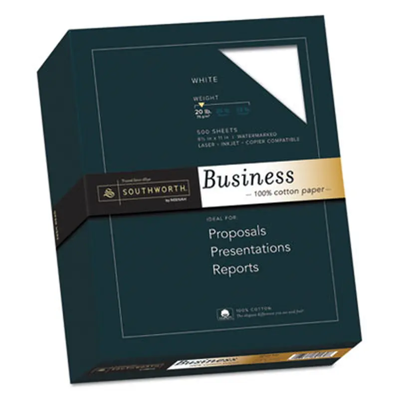 100% Cotton Business Paper, 95 Bright, 20 lb Bond Weight, 8.5 x 11, White, 500/Ream - Resume/Stationery Paper | Southworth