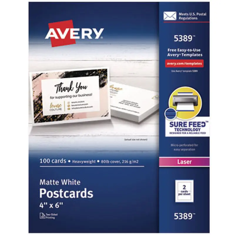 Printable Postcards, Laser, 80 lb, 4 x 6, Matte White, 100 Cards, 2/Cards/Sheet, 50 Sheets/Box - Greeting Cards | Avery