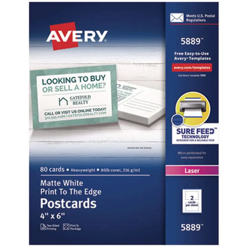 Printable Postcards, Laser, 80 lb, 4 x 6, Matte White, 80 Cards, 2 Cards/Sheet, 40 Sheets/Box - Greeting Cards | Avery