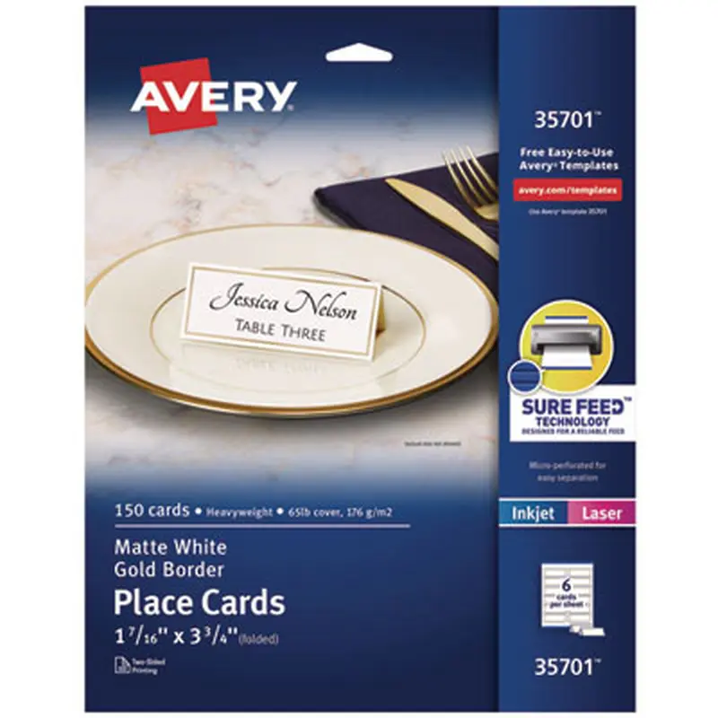 Tent Cards, White/Gold, 3.75" x 1.44", 6 Cards/Sheet, 25 Sheets/Pack - Tent Cards | Avery