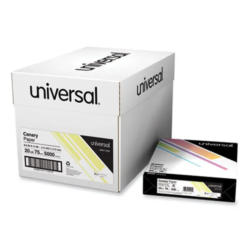 Deluxe Colored Paper, 20 lb Bond Weight, 8.5 x 11, Canary, 500 Sheets/Ream, 10 Reams/Carton - Copy Paper | Universal