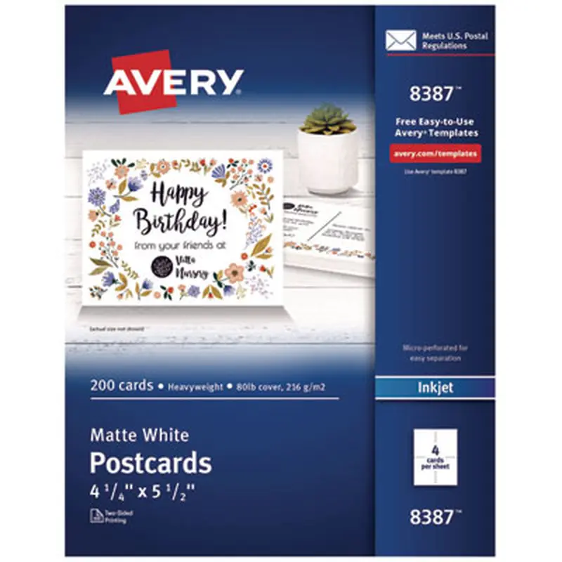Printable Postcards, Inkjet, 80 lb, 4.25 x 5.5, Matte White, 200 Cards, 4 Cards/Sheet, 50 Sheets/Box - Greeting Cards | Avery