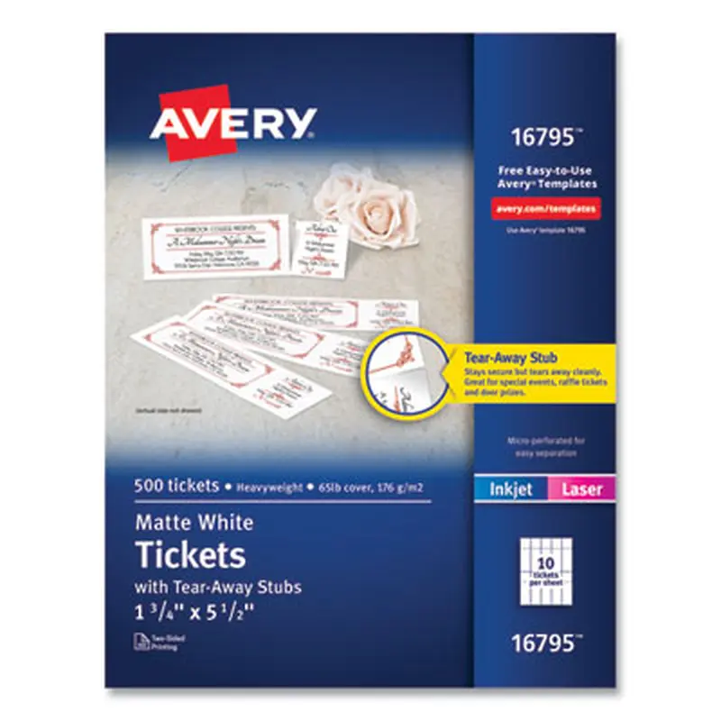 Printable Tickets with Tear-Away Stubs, 97 Bright, 65 lb Cover Weight, 8.5 x 11, White, 10 Tickets/Sheet, 50 Sheets/Pack - Card/Cover Stock | Avery